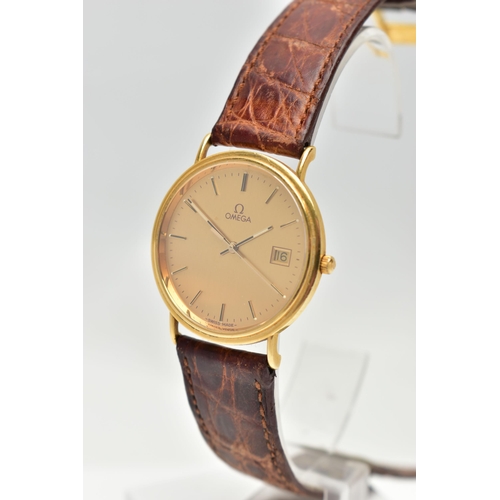 63 - A GENTS 18CT GOLD 'OMEGA' QUARTZ WRISTWATCH, round gold dial signed 'Omega', baton markers, date win... 