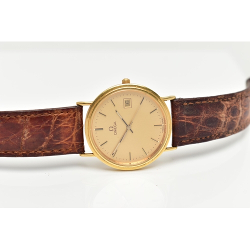 63 - A GENTS 18CT GOLD 'OMEGA' QUARTZ WRISTWATCH, round gold dial signed 'Omega', baton markers, date win... 