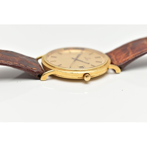 63 - A GENTS 18CT GOLD 'OMEGA' QUARTZ WRISTWATCH, round gold dial signed 'Omega', baton markers, date win... 