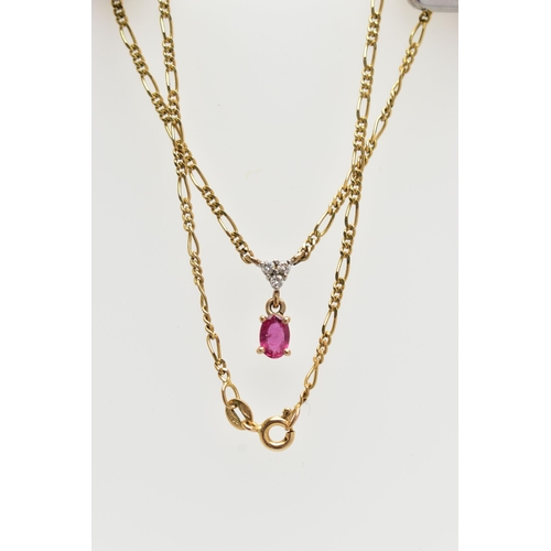 64 - A 9CT GOLD RUBY AND DIAMOND PENDANT NECKLACE, designed with a claw set, oval cut ruby, suspended ben... 