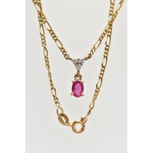 64 - A 9CT GOLD RUBY AND DIAMOND PENDANT NECKLACE, designed with a claw set, oval cut ruby, suspended ben... 