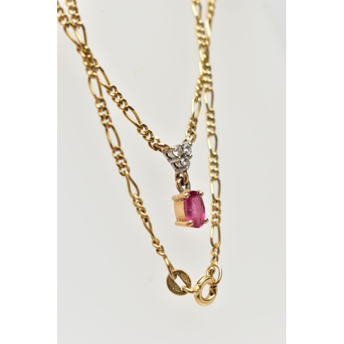 64 - A 9CT GOLD RUBY AND DIAMOND PENDANT NECKLACE, designed with a claw set, oval cut ruby, suspended ben... 