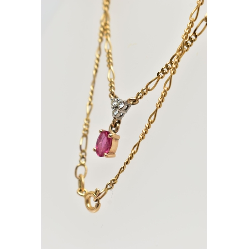 64 - A 9CT GOLD RUBY AND DIAMOND PENDANT NECKLACE, designed with a claw set, oval cut ruby, suspended ben... 