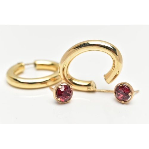 65 - TWO PAIRS OF 9CT GOLD EARRINGS, the first a pair of hollow oval hoop earrings, hallmarked 9ct Birmin... 