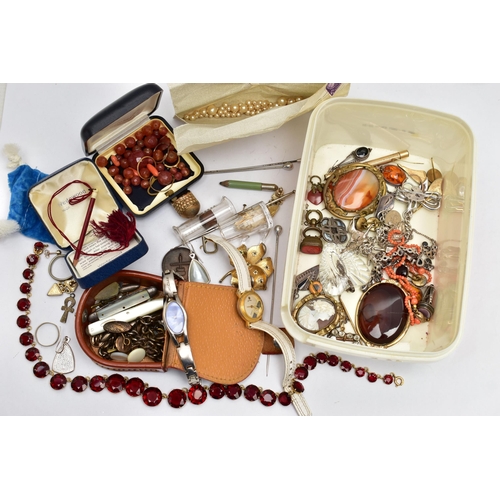 68 - A BOX OF ASSORTED JEWELLERY, to include two large early 20th century banded agate brooches, a shell ... 