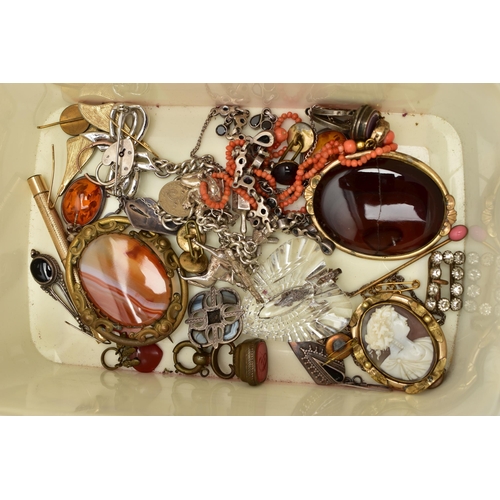 68 - A BOX OF ASSORTED JEWELLERY, to include two large early 20th century banded agate brooches, a shell ... 