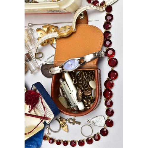 68 - A BOX OF ASSORTED JEWELLERY, to include two large early 20th century banded agate brooches, a shell ... 