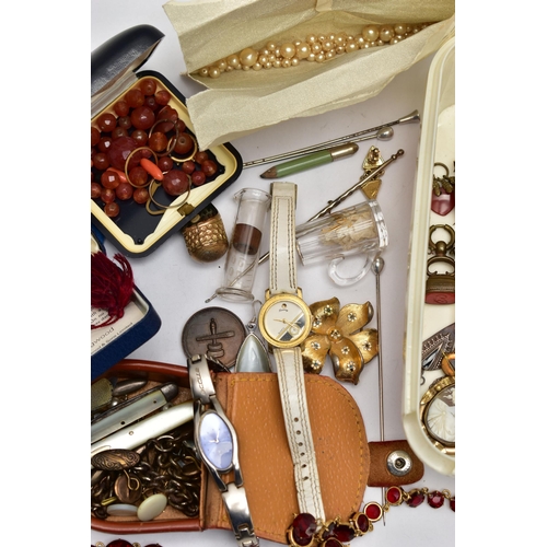 68 - A BOX OF ASSORTED JEWELLERY, to include two large early 20th century banded agate brooches, a shell ... 