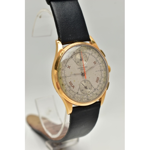 78 - A CHRONOGRAPH SUISSE YELLOW METAL WRISTWATCH CIRCA 1950, hand wound movement, silvered round dial si... 