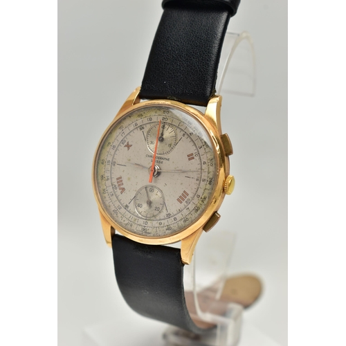 78 - A CHRONOGRAPH SUISSE YELLOW METAL WRISTWATCH CIRCA 1950, hand wound movement, silvered round dial si... 