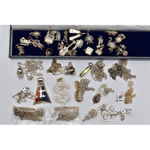 79 - A BAG OF ASSORTED WHITE METAL JEWELLERY, to include a box of assorted charms in various forms such a... 