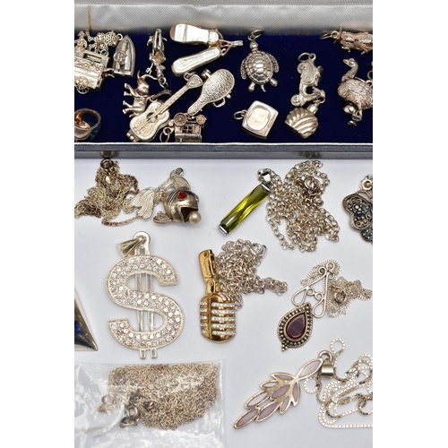 79 - A BAG OF ASSORTED WHITE METAL JEWELLERY, to include a box of assorted charms in various forms such a... 