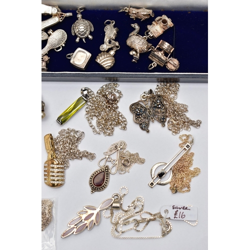 79 - A BAG OF ASSORTED WHITE METAL JEWELLERY, to include a box of assorted charms in various forms such a... 