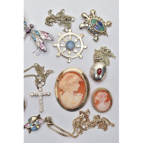 80 - A BAG OF ASSORTED WHITE METAL JEWELLERY, to include six cameo brooches, a white metal shell detailed... 