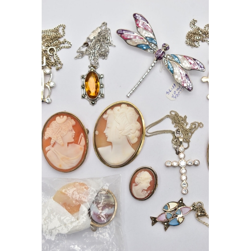 80 - A BAG OF ASSORTED WHITE METAL JEWELLERY, to include six cameo brooches, a white metal shell detailed... 