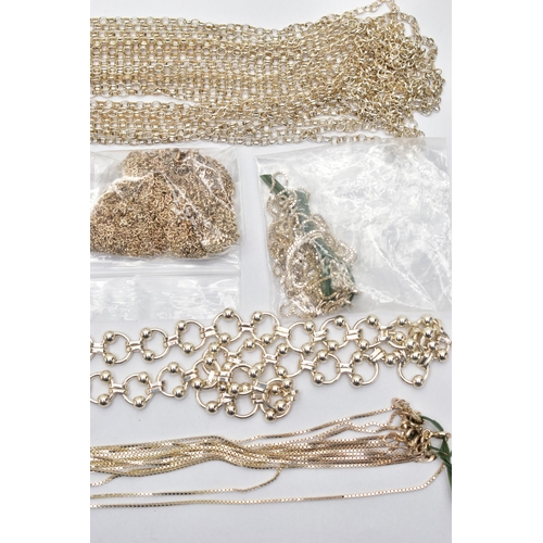 81 - AN ASSORTMENT OF SILVER AND WHITE METAL CHAINS, the first a silver fancy link chain, hallmarked Birm... 