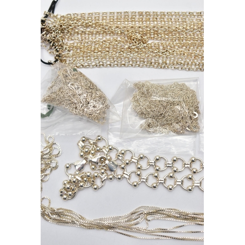 81 - AN ASSORTMENT OF SILVER AND WHITE METAL CHAINS, the first a silver fancy link chain, hallmarked Birm... 