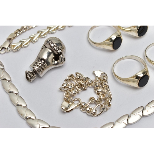 83 - AN ASSORTMENT OF SILVER AND WHITE METAL JEWELLERY, to include two silver chain bracelets, both hallm... 