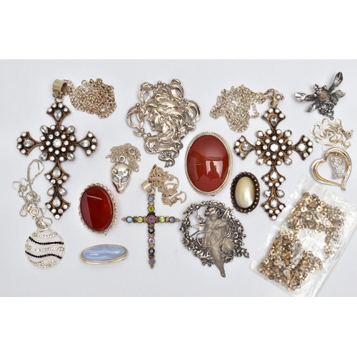 86 - AN ASSORTMENT OF WHITE METAL JEWELLERY, to include a blue lace agate and silver brooch, hallmarked '... 