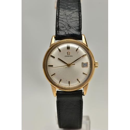 92 - A GENTS 9CT GOLD 'OMEGA' WRISTWATCH, manual wind, round silver dial signed 'Omega, baton markers, da... 