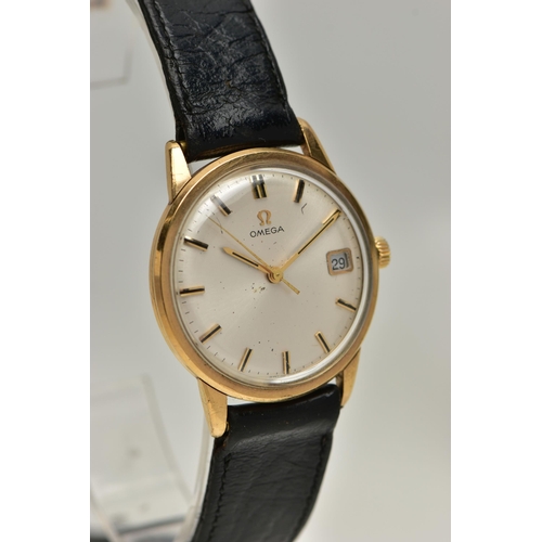 92 - A GENTS 9CT GOLD 'OMEGA' WRISTWATCH, manual wind, round silver dial signed 'Omega, baton markers, da... 