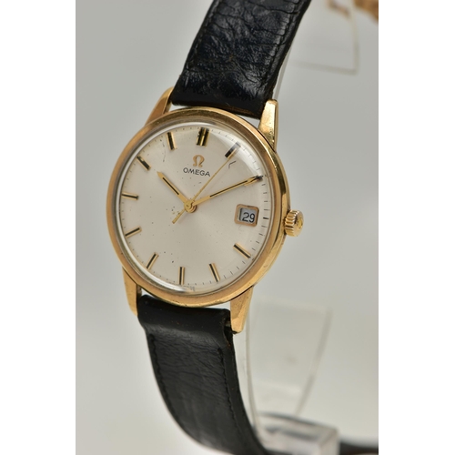 92 - A GENTS 9CT GOLD 'OMEGA' WRISTWATCH, manual wind, round silver dial signed 'Omega, baton markers, da... 