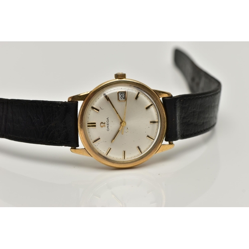 92 - A GENTS 9CT GOLD 'OMEGA' WRISTWATCH, manual wind, round silver dial signed 'Omega, baton markers, da... 