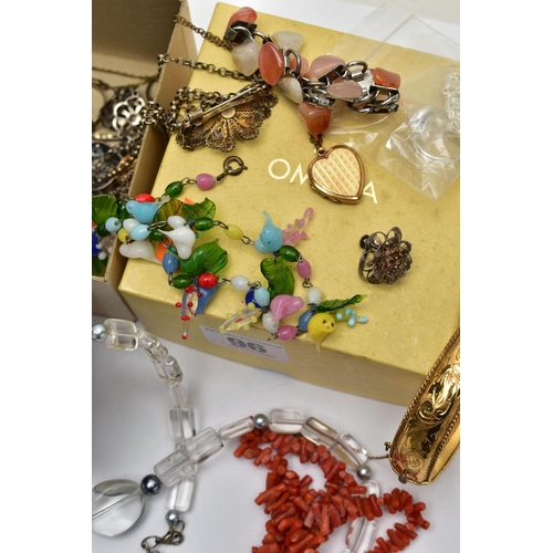 96 - A SMALL BOX OF ASSORTED JEWELLERY, to include a rolled gold plated bangle, fitted with a push piece ... 