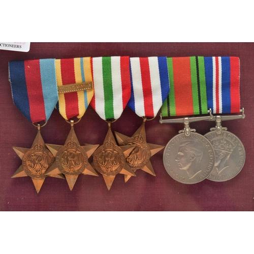 97 - A SET OF SIX WORLD WAR II FRAMED MEDALS, including 'The 1939 - 1945 star', 'The Africa Star', 'The I... 