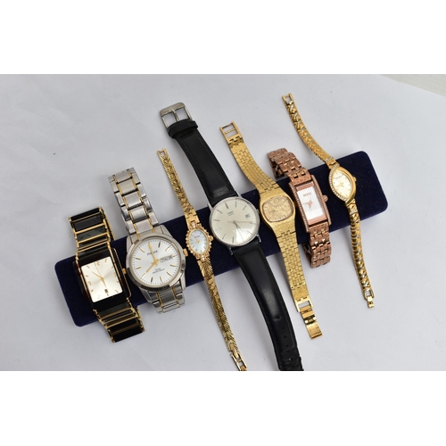 98 - A SMALL BOX OF WATCHES, to include a yellow metal 'Rotary' ladys cocktail watch, two ladys 'Sekonda'... 