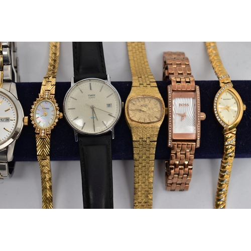 98 - A SMALL BOX OF WATCHES, to include a yellow metal 'Rotary' ladys cocktail watch, two ladys 'Sekonda'... 