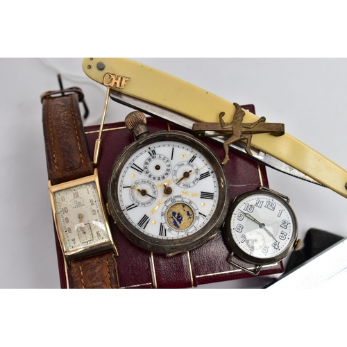 99 - A GENTS 9CT GOLD 'RECORD' WRISTWATCH AND OTHER ITEMS, manual wind watch, silver rectangular dial sig... 