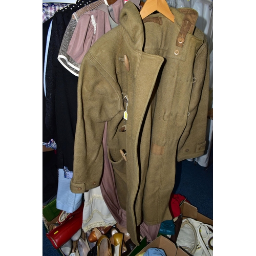 293 - EIGHT BOXES AND ONE RAIL OF VINTAGE GENTS AND LADIES CLOTHING AND ACCESSORIES, to include leather ha... 