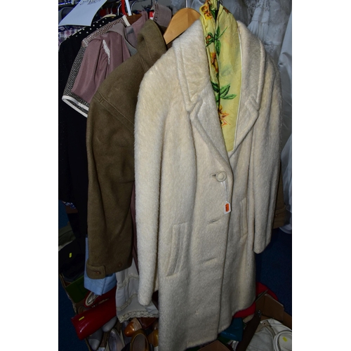 293 - EIGHT BOXES AND ONE RAIL OF VINTAGE GENTS AND LADIES CLOTHING AND ACCESSORIES, to include leather ha... 