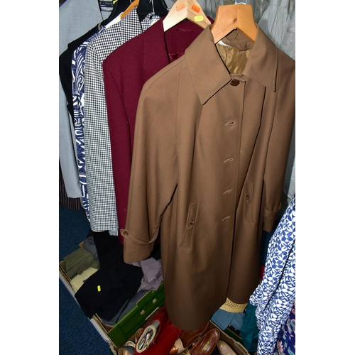 293 - EIGHT BOXES AND ONE RAIL OF VINTAGE GENTS AND LADIES CLOTHING AND ACCESSORIES, to include leather ha... 