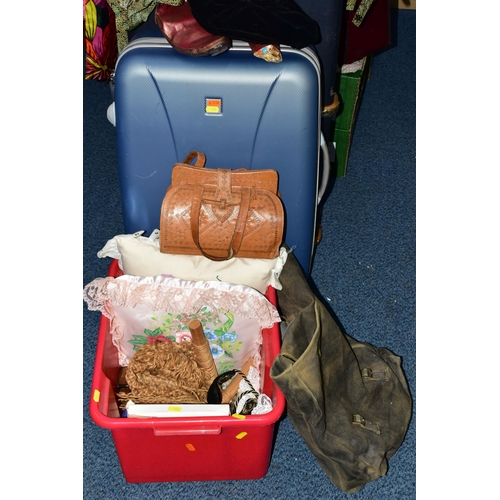 294 - EIGHT BOXES, ONE TRAVELLING TRUNK, SUITCASE AND ONE RAIL OF VINTAGE CLOTHING AND ACCESSORIES, to inc... 