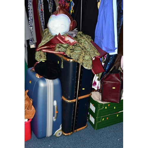 294 - EIGHT BOXES, ONE TRAVELLING TRUNK, SUITCASE AND ONE RAIL OF VINTAGE CLOTHING AND ACCESSORIES, to inc... 