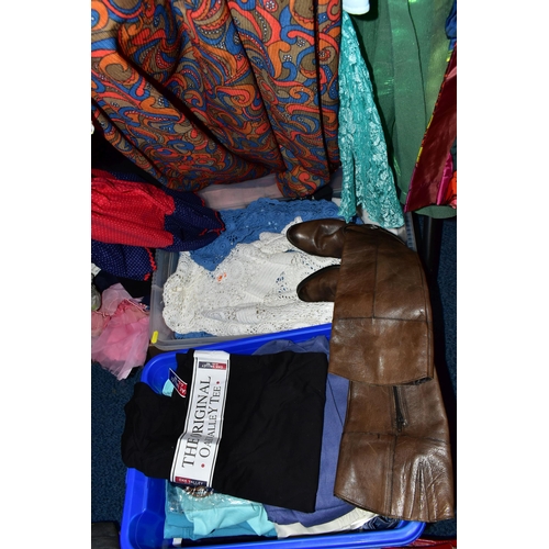 294 - EIGHT BOXES, ONE TRAVELLING TRUNK, SUITCASE AND ONE RAIL OF VINTAGE CLOTHING AND ACCESSORIES, to inc... 