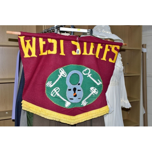 295 - TWO BOXES AND ONE RAIL OF CLOTHING AND ACCESSORIES, to include a West Staffs banner/pennant, a cream... 