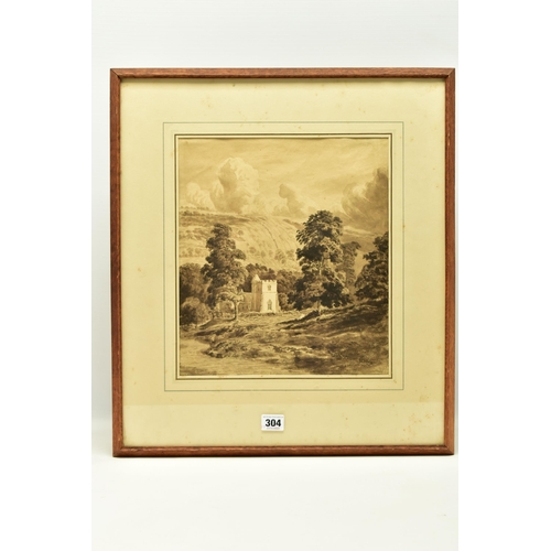 304 - ATTRIBUTED TO CORNELIUS VARLEY (1781-1873) LANDSCAPE WITH CHURCH, an English school landscape, no vi... 