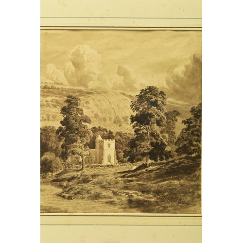 304 - ATTRIBUTED TO CORNELIUS VARLEY (1781-1873) LANDSCAPE WITH CHURCH, an English school landscape, no vi... 