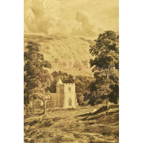 304 - ATTRIBUTED TO CORNELIUS VARLEY (1781-1873) LANDSCAPE WITH CHURCH, an English school landscape, no vi... 