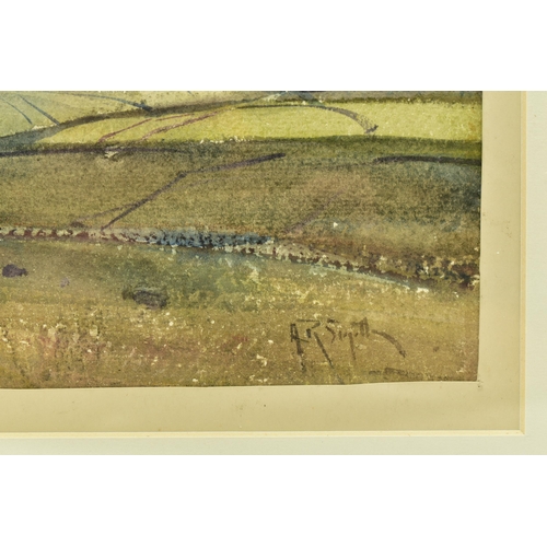 305 - ARTHUR REGINALD SMITH (1871-1934) 'THE SHADOWED HILL - RYLSTONE FELL', a landscape of open fields, s... 