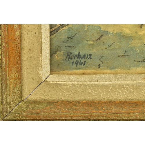 311 - ROCHAIX (20TH CENTURY) A FRENCH STREET SCENE, signed and dated 1941 bottom left, exhibition label ve... 