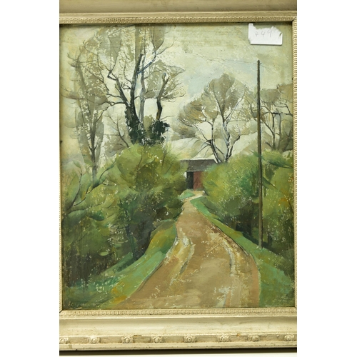 318 - HARRY M. TURNER (20TH CENTURY) 'LOCHRANZA', a rural pathway leading to a barn, signed bottom left, a... 