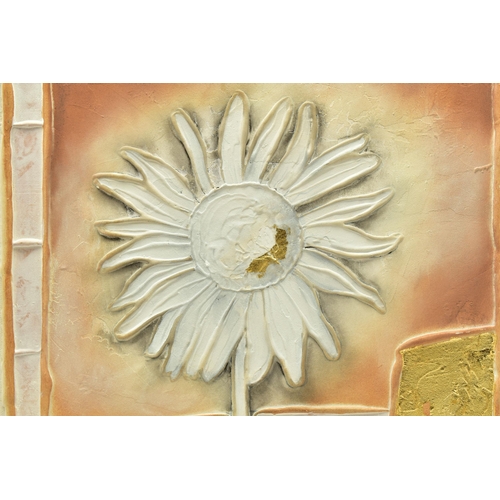 337 - KEVIN BLACKHAM (BRITISH CONTEMPORARY) 'PETIT FLEUR II', a mixed media bloc canvas study of a flower ... 