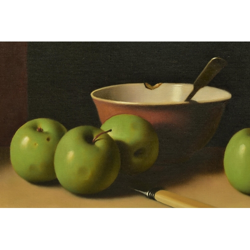 340 - CHRISTOPHER CAWTHORN (BRITISH 20TH CENTURY) STILL LIFE WITH APPLES, a composition of apples and a ch... 