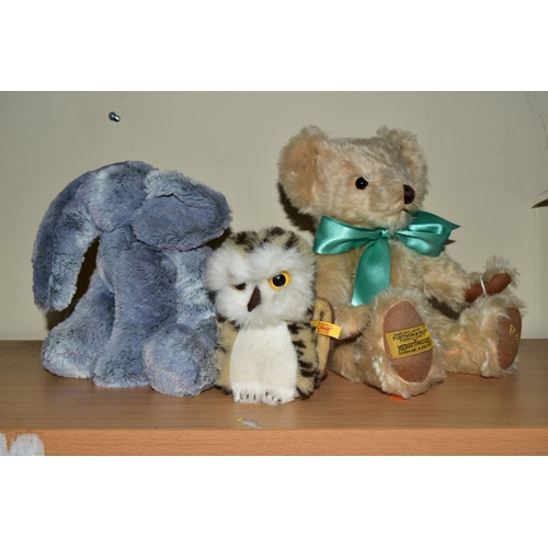 342 - A MERRYTHOUGHT TEDDY BEAR, A STEIFF OWL, AND A JELLYCAT ELEPHANT, the teddy bear made by Merrythough... 