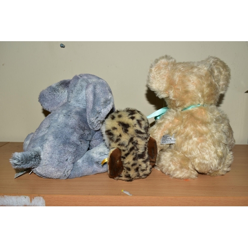 342 - A MERRYTHOUGHT TEDDY BEAR, A STEIFF OWL, AND A JELLYCAT ELEPHANT, the teddy bear made by Merrythough... 