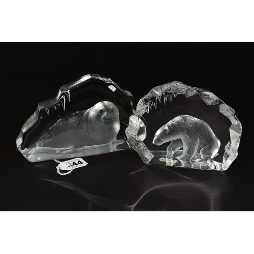 344 - TWO MATS JONASSON CRYSTAL SCULPTURES, heavily relief moulded, one depicting a seal, the other a pola... 